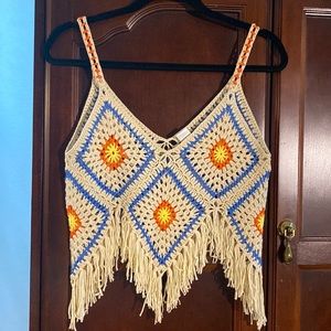 Macrame fringed crop top in small.